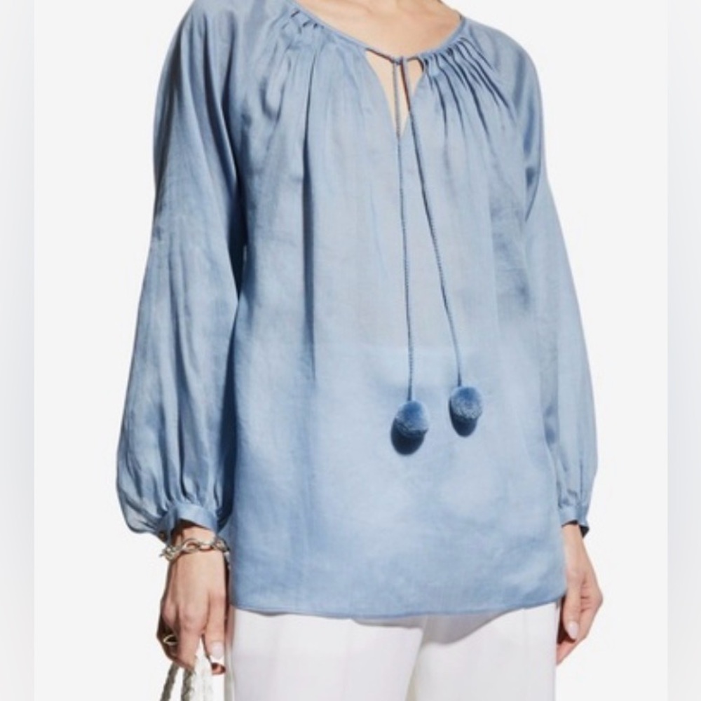 Light Blue Peasant Blouse with Tassel Tie
